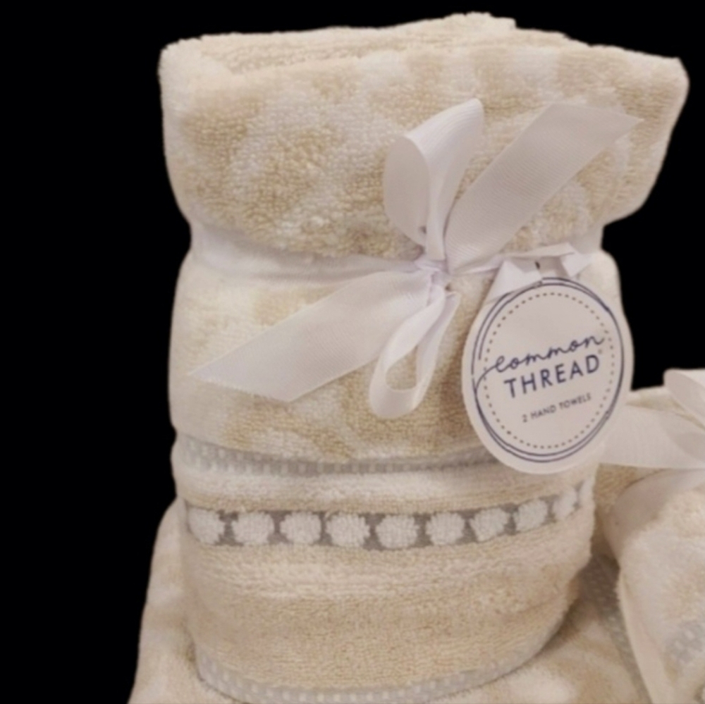 Common Thread 6pc Damask Bath Hand Tip Towel Set Tan Gray Zero Twist Cotton New - Picture 2 of 9